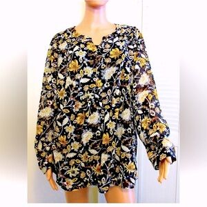 NWT Christopher & Banks CJ Womens Plus 1X Blouse Long Sleeve Black Floral print